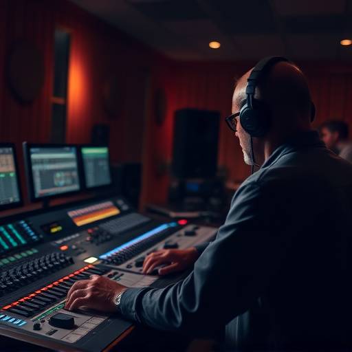 A professional audio engineer working at a mixing console in a dimly lit studio