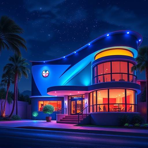 Exterior view of SonicVerse Studios at night with illuminated signage