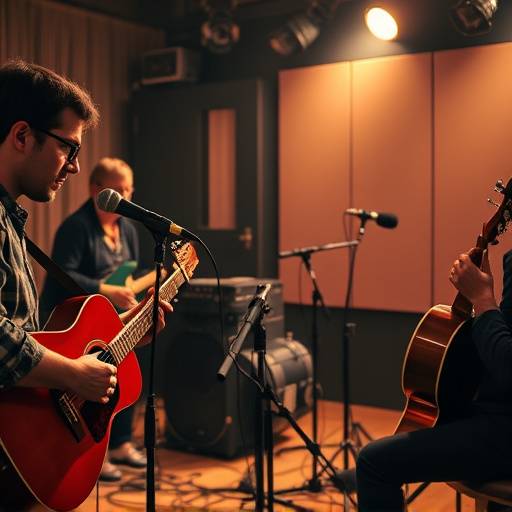 Musicians recording in the studio with microphones and instruments